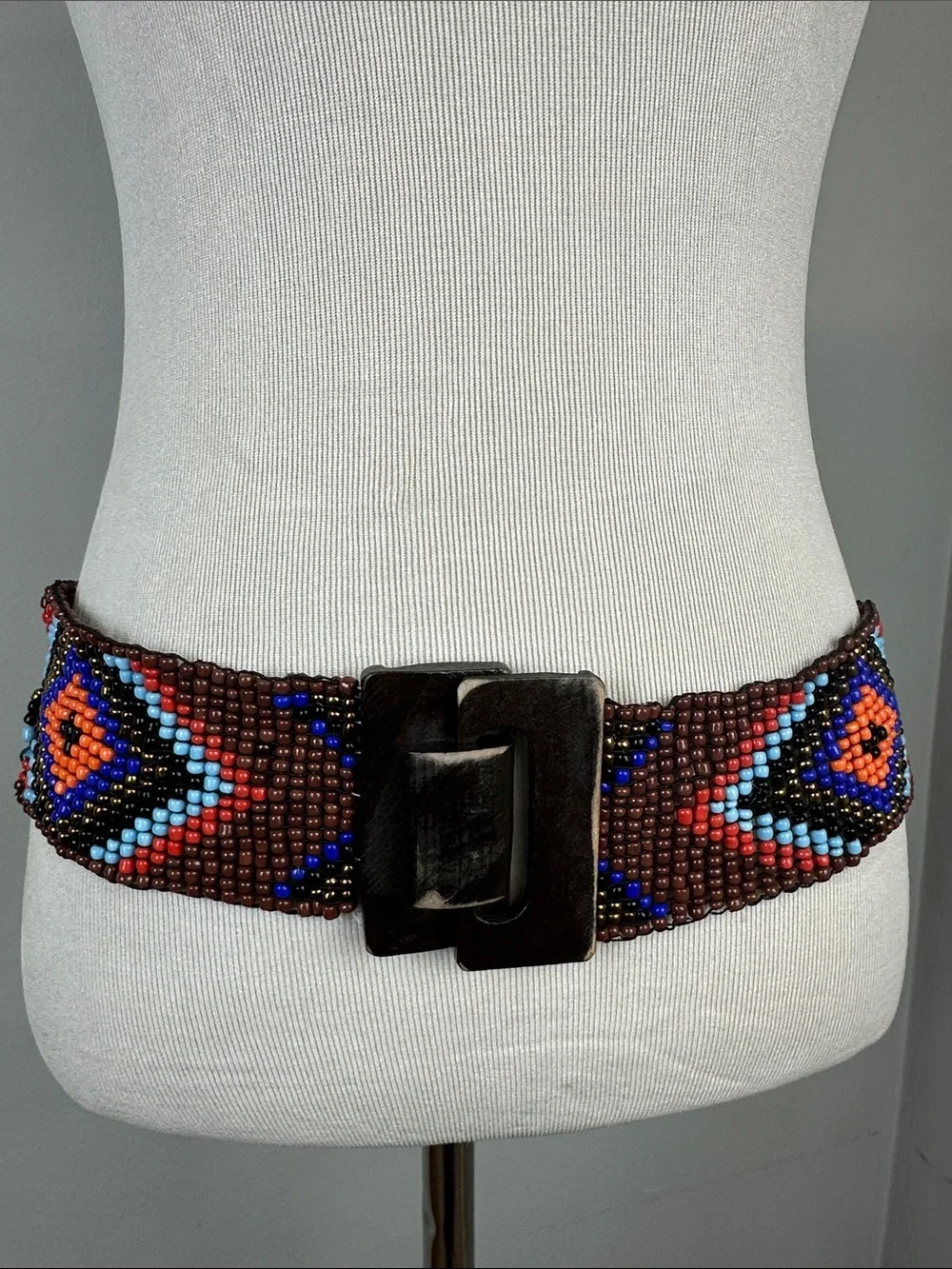 Boho Hippie Aztec Beaded Stretchy Belt With Wooden Buckle